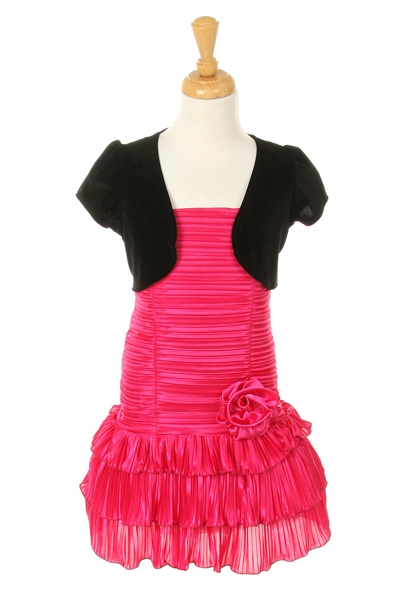 fuschia dress with black bolero jacket